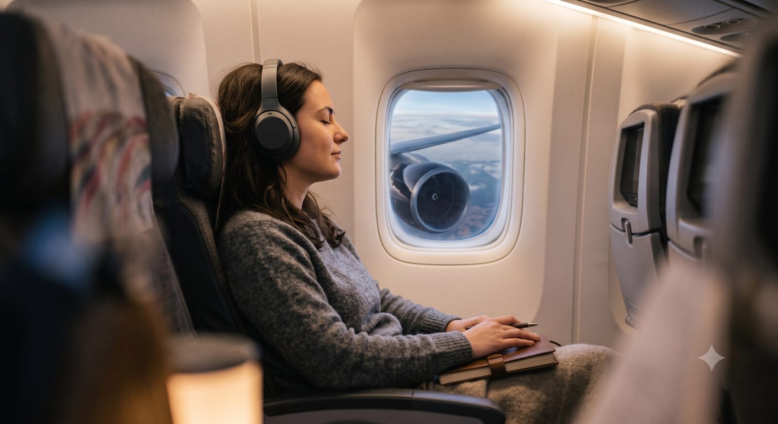 Airplane passenger wearing over-ear noise-cancelling headphones