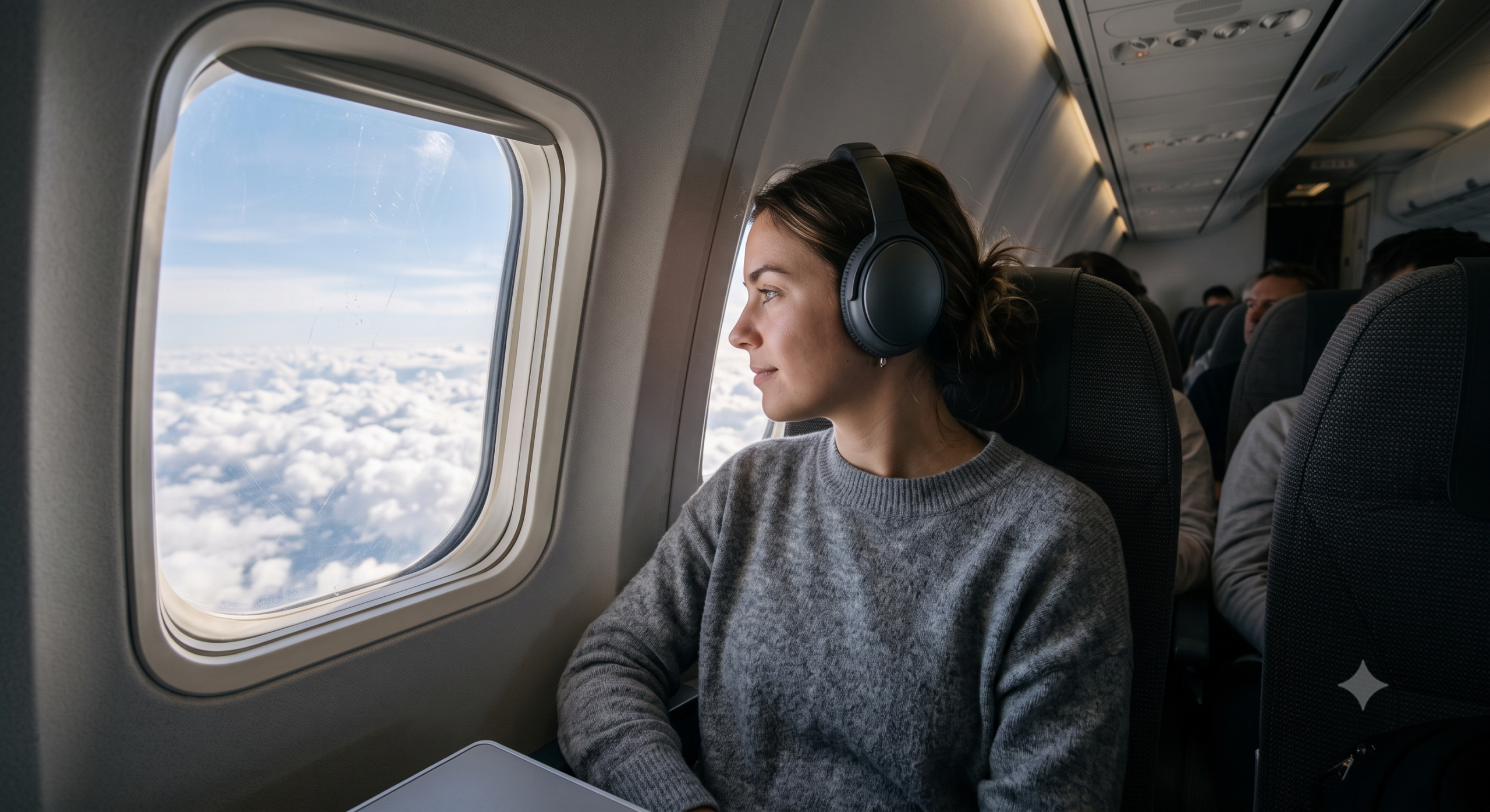 Traveler wearing over-ear headphones looking out an airplane window