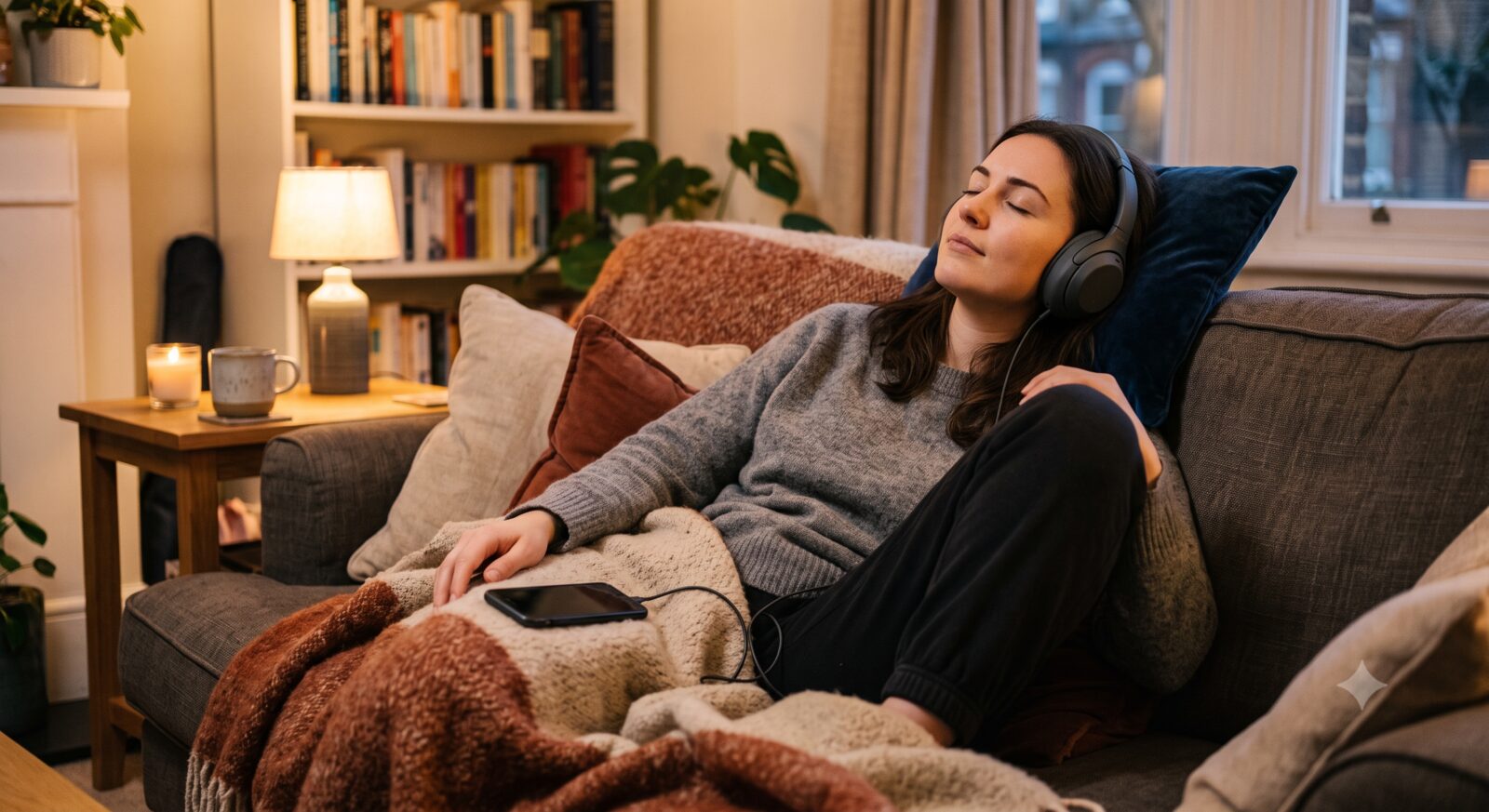 Person relaxing on a couch listening to an audiobook through over-ear headphones