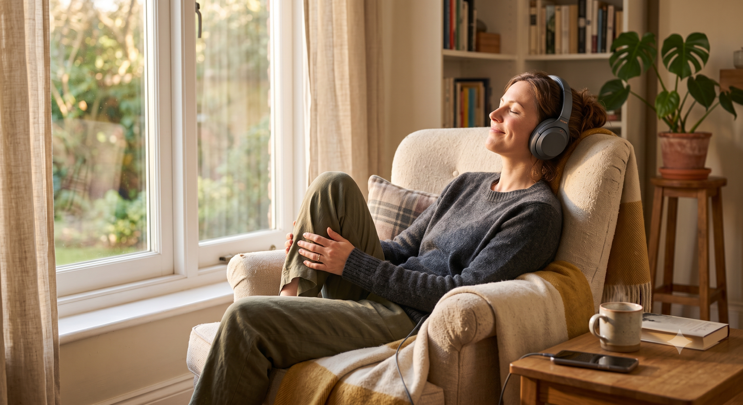 Person relaxing in an armchair listening to an audiobook with over-ear headphones