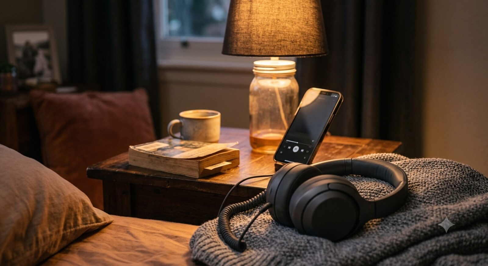 Nightstand scene with a phone and headphones for bedtime listening