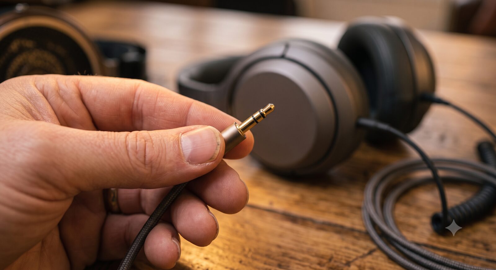 Hand inspecting a 3.5mm headphone cable connector