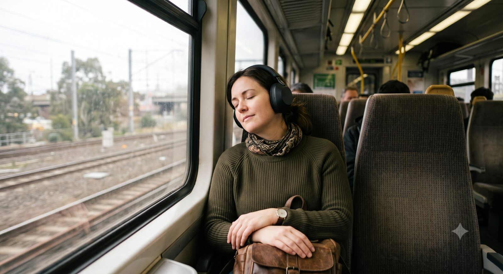 Commuter wearing over-ear noise-cancelling headphones on a train
