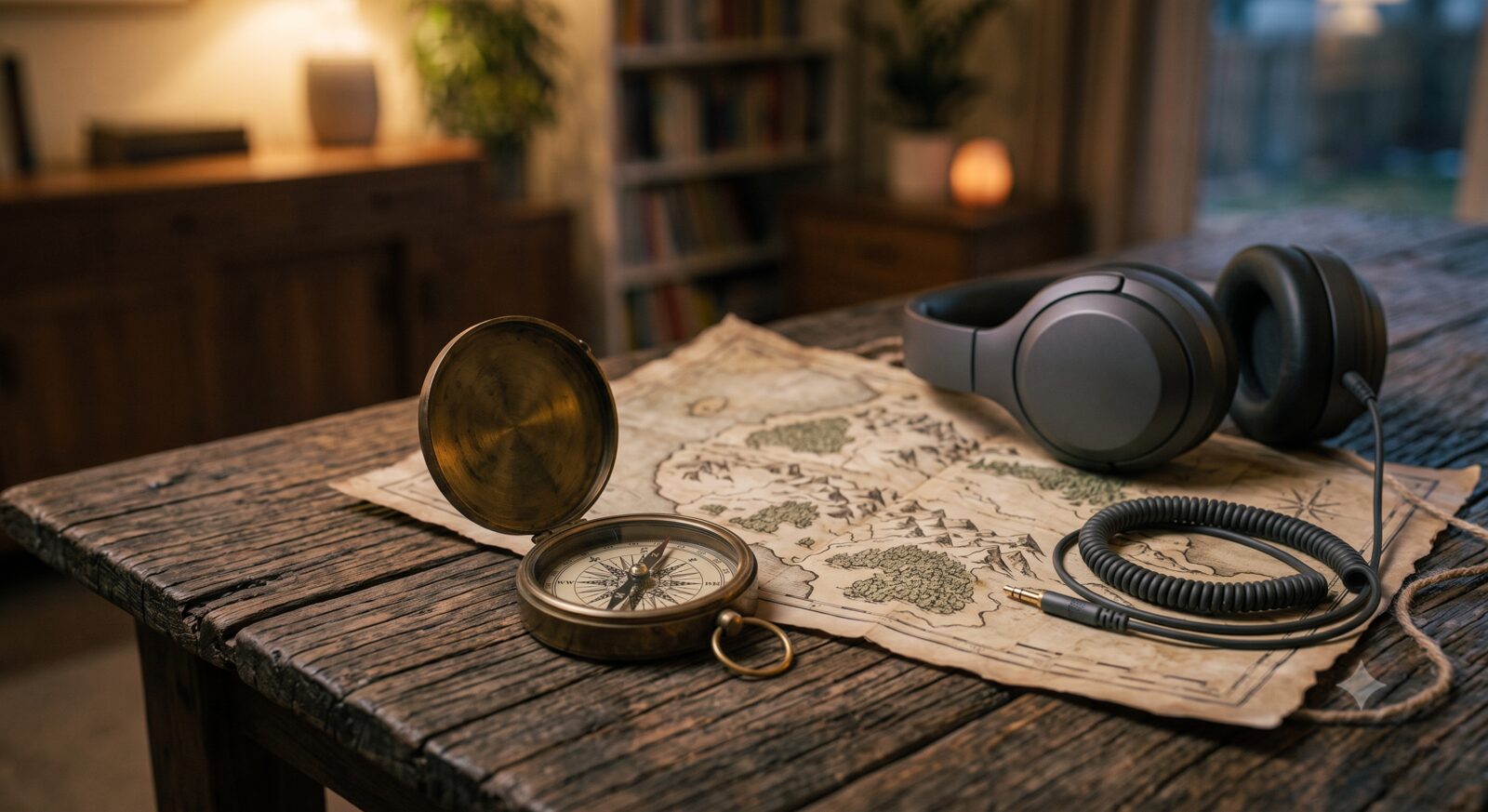 Vintage compass and map next to headphones, adventure theme