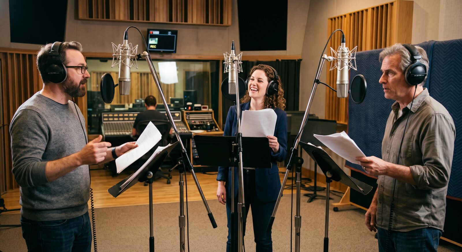 Three voice actors recording an ensemble cast performance in a studio