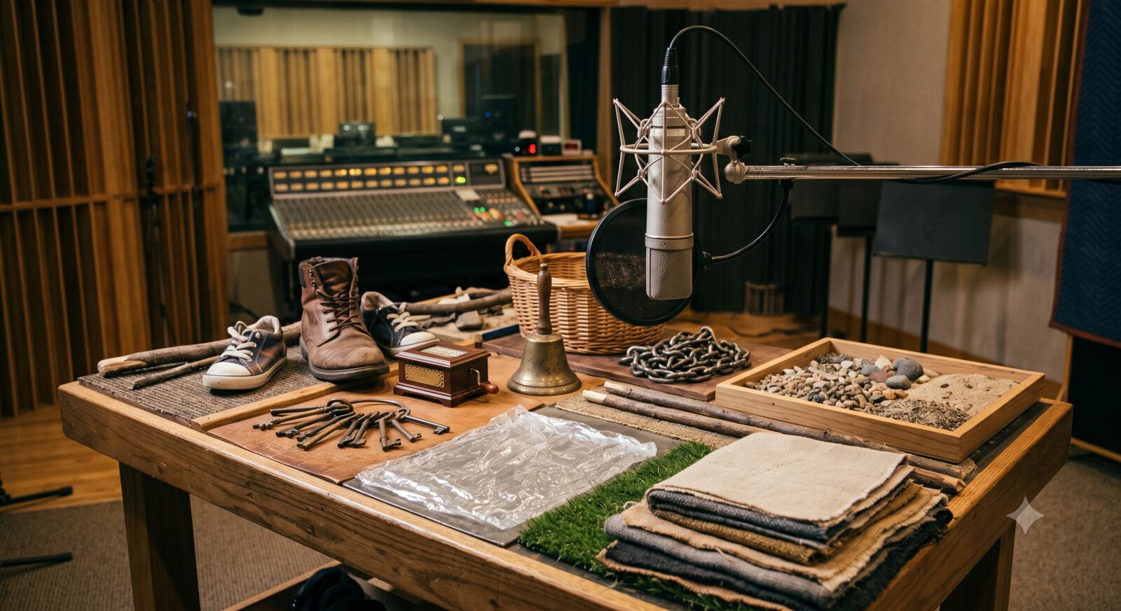 Foley sound effects table with props used for audio drama production