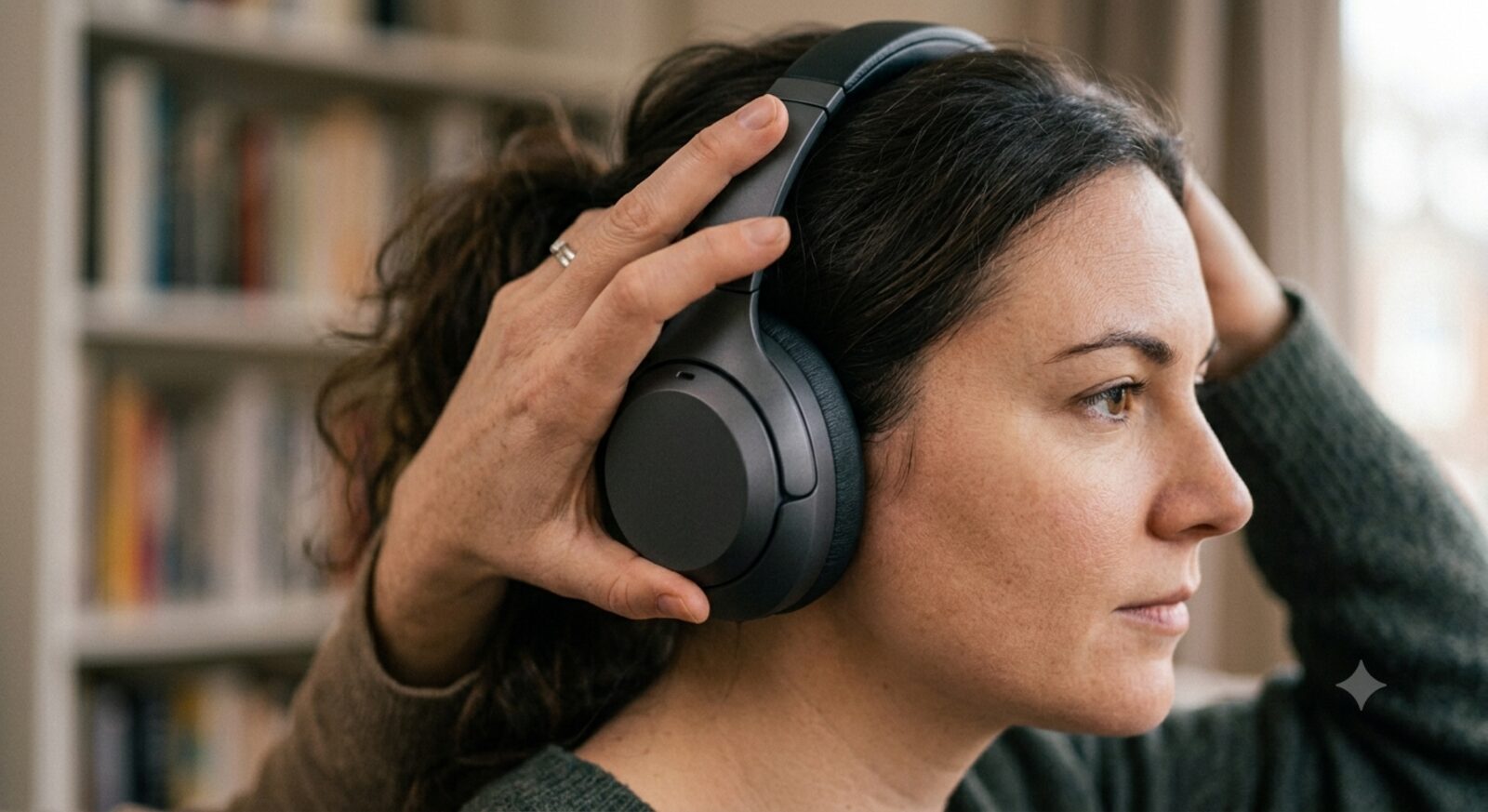 Person adjusting the headband of over-ear headphones