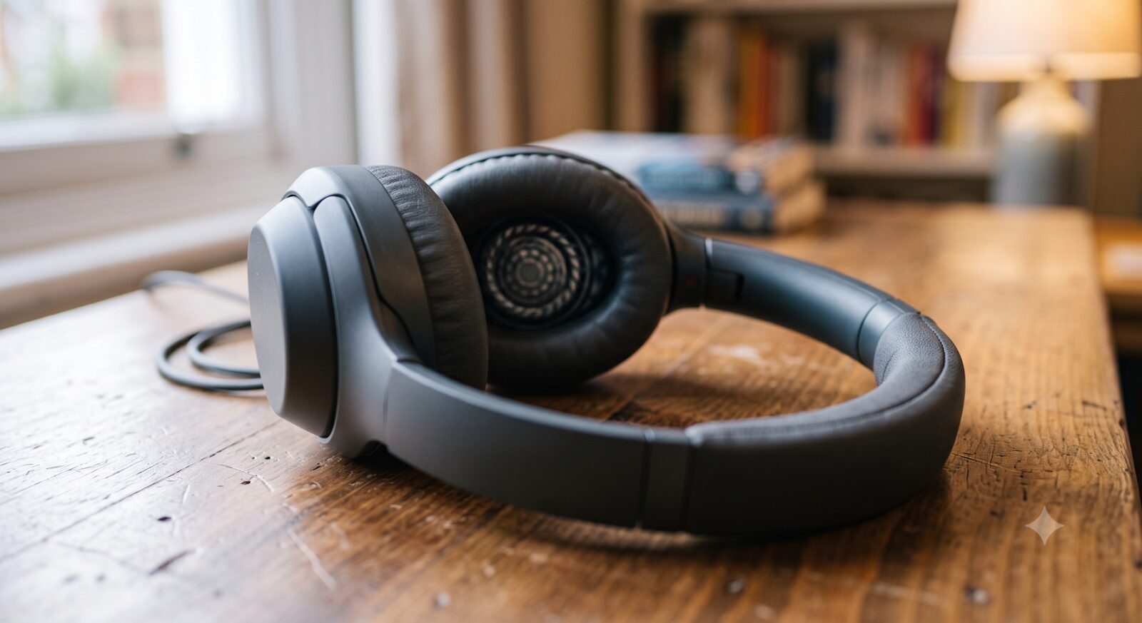 Close-up of memory foam ear cushion and padded headband on over-ear headphones