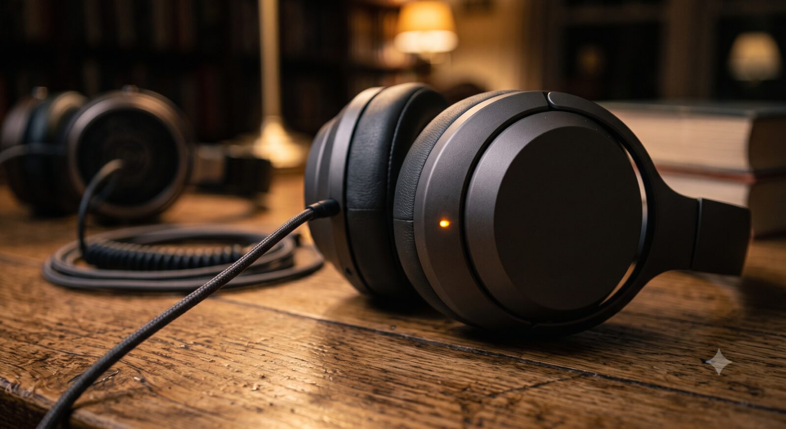 Over-ear headphones with a glowing LED indicator light