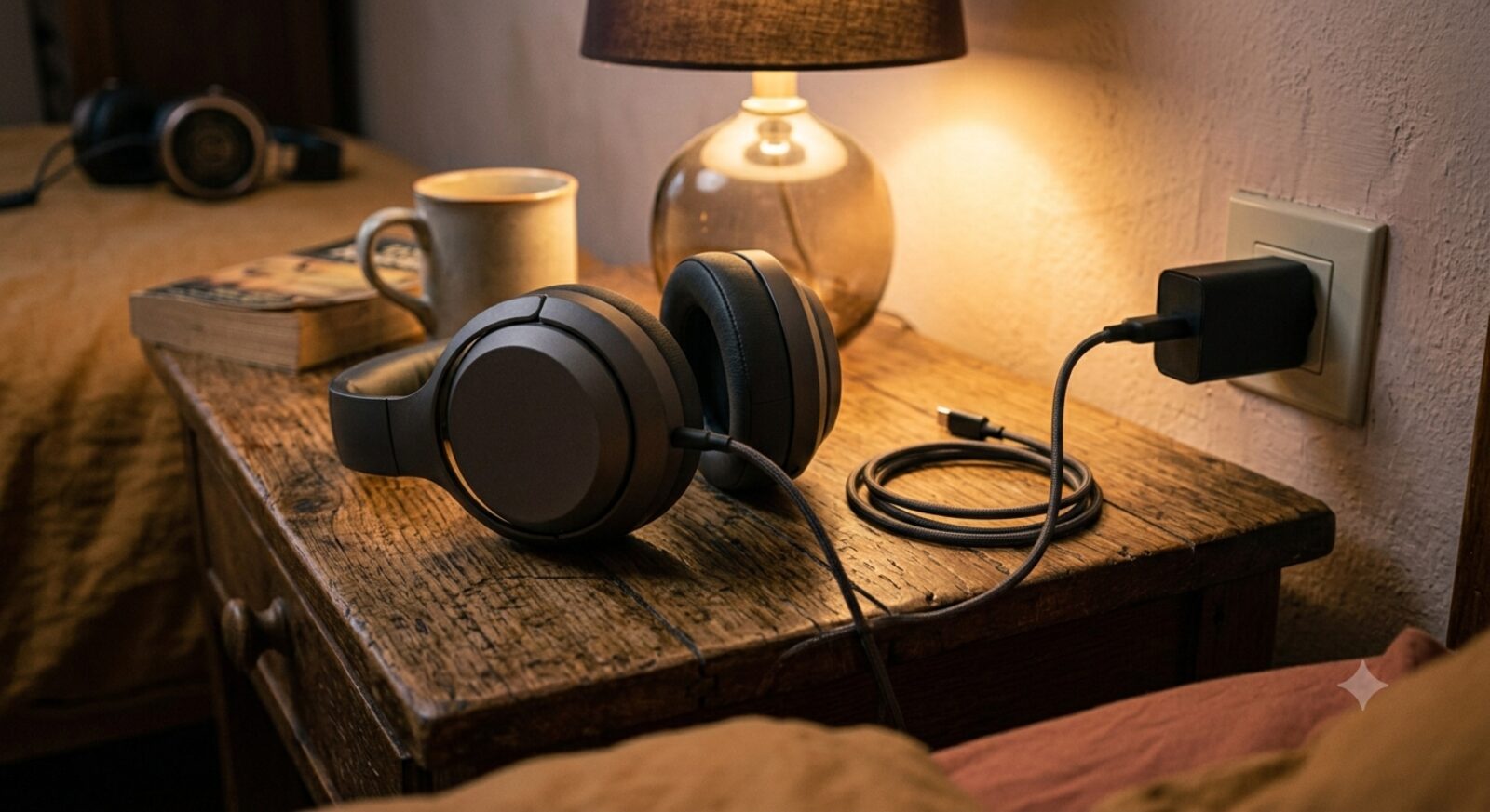 Over-ear headphones plugged in to charge on a nightstand