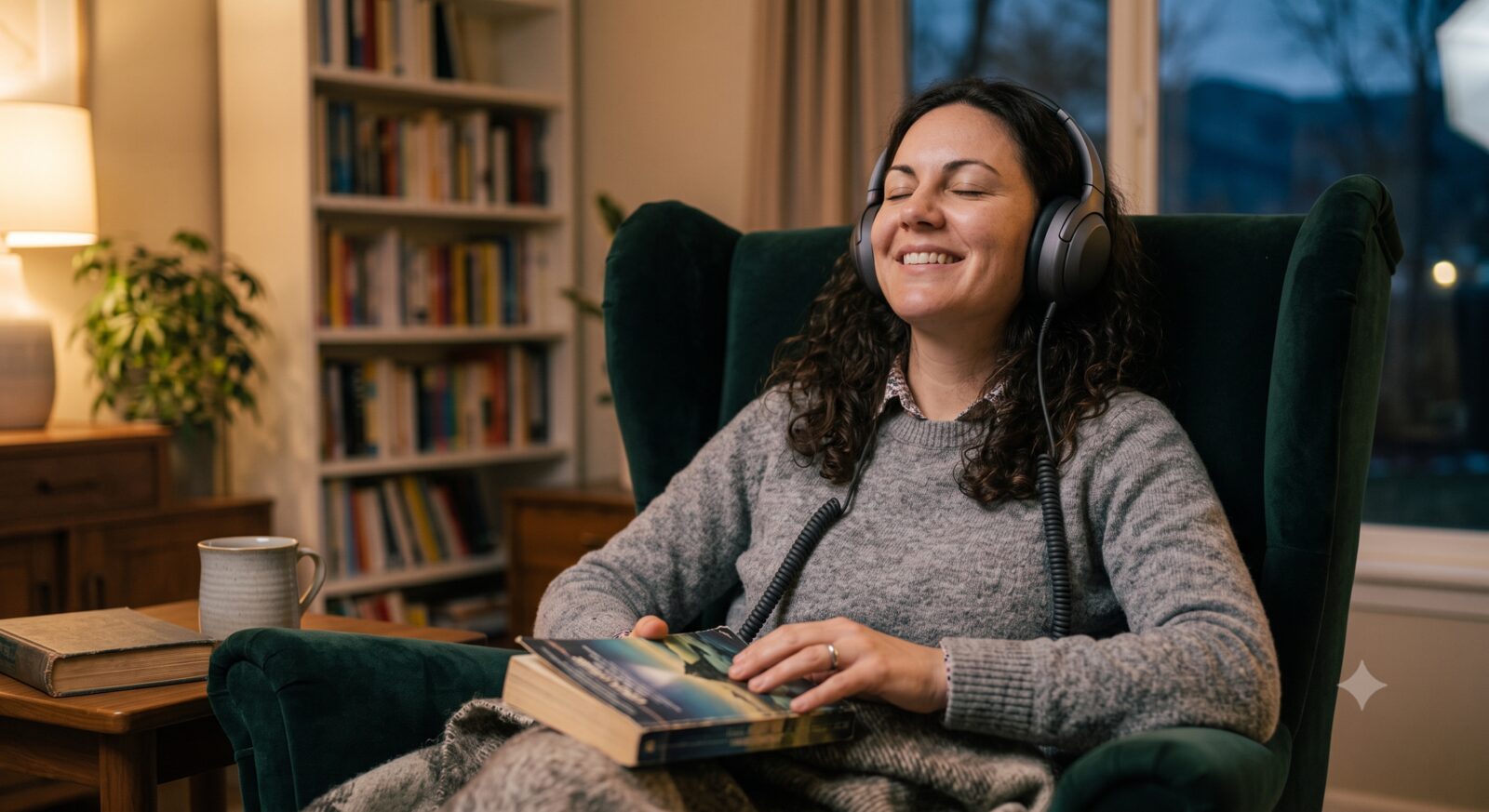 Person immersed in listening with a sci-fi paperback in their lap