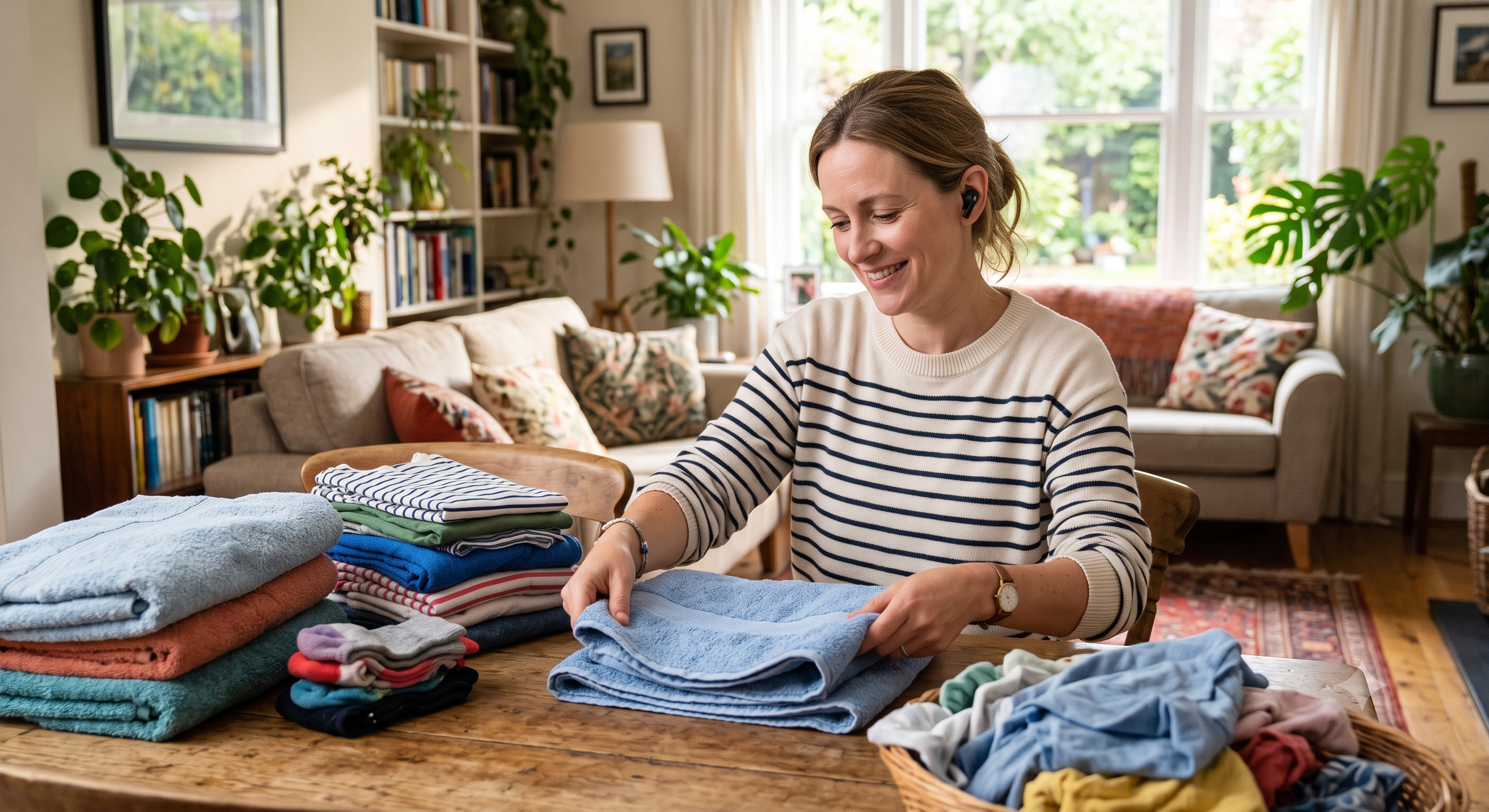 Person folding laundry while wearing wireless earbuds