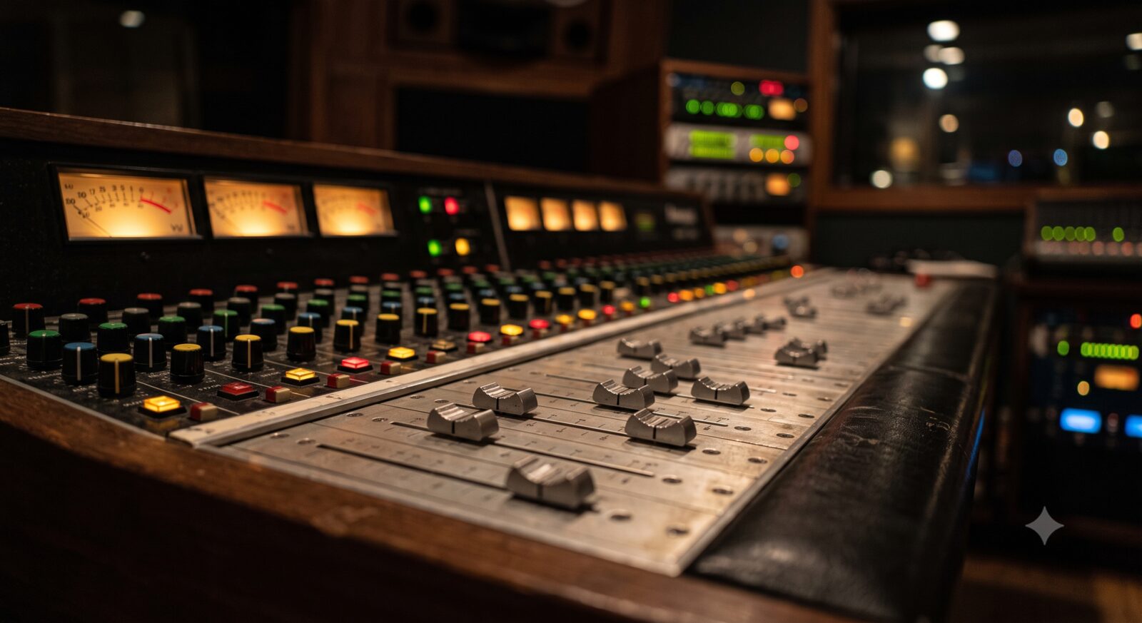 Close-up of a professional audio mixing console with VU meters