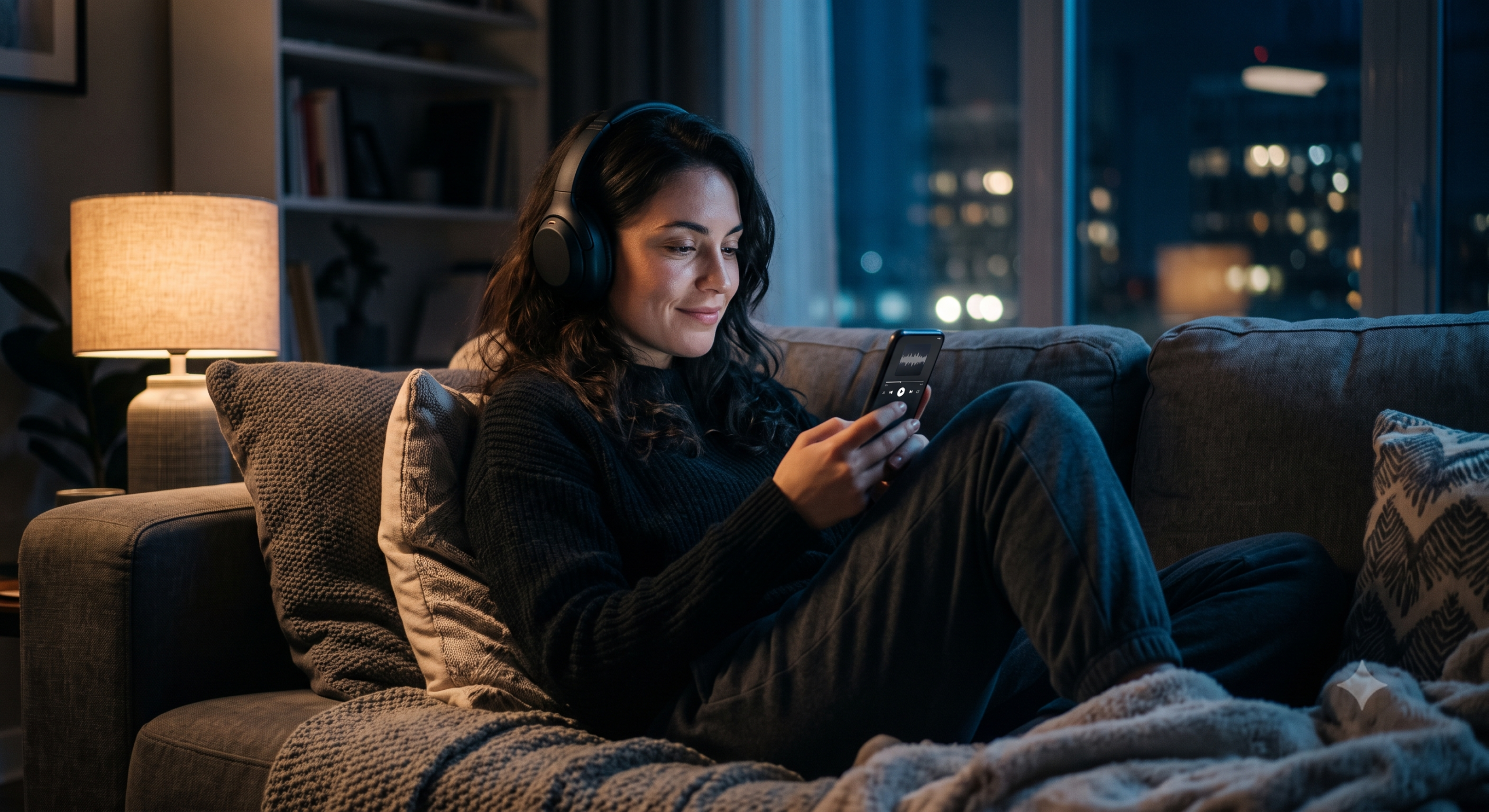 Person relaxing on a couch at night listening through headphones
