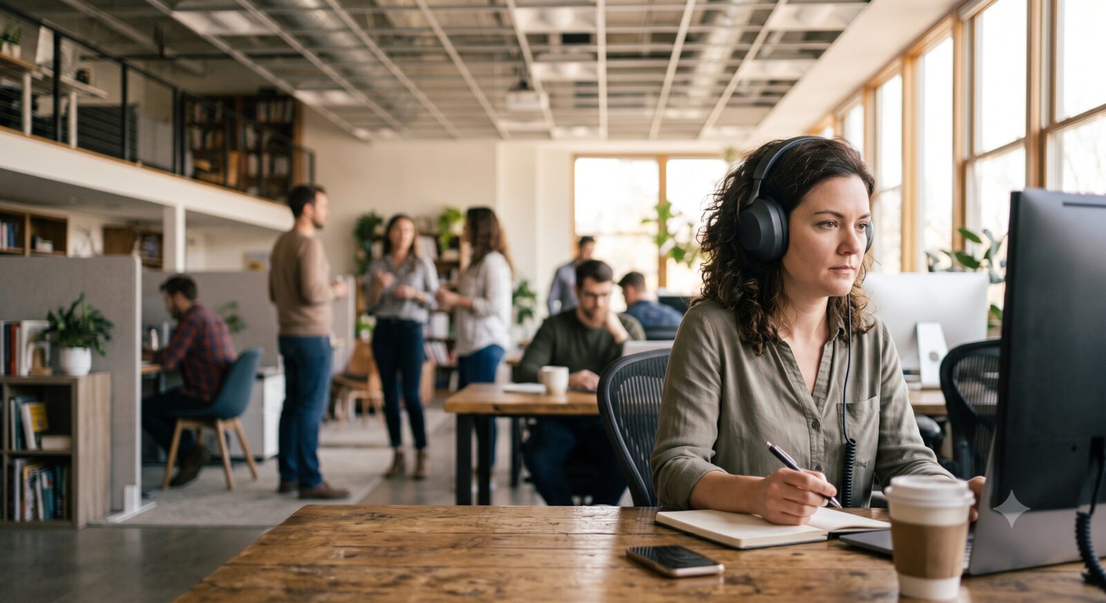 Person in a busy open-plan office wearing closed-back headphones