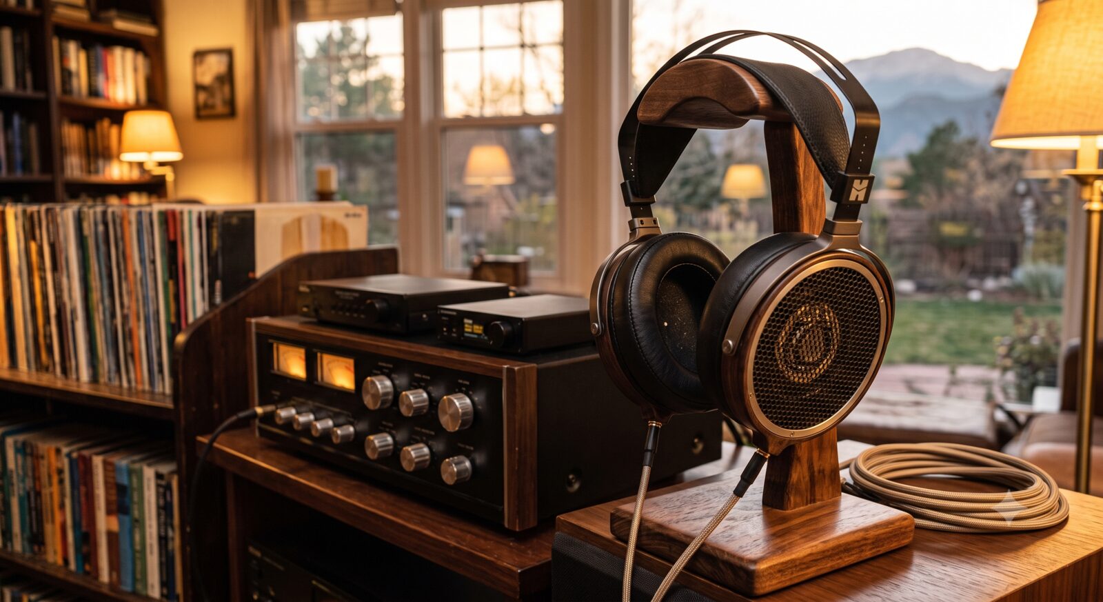 Open-back headphones on a stand next to a home audio setup
