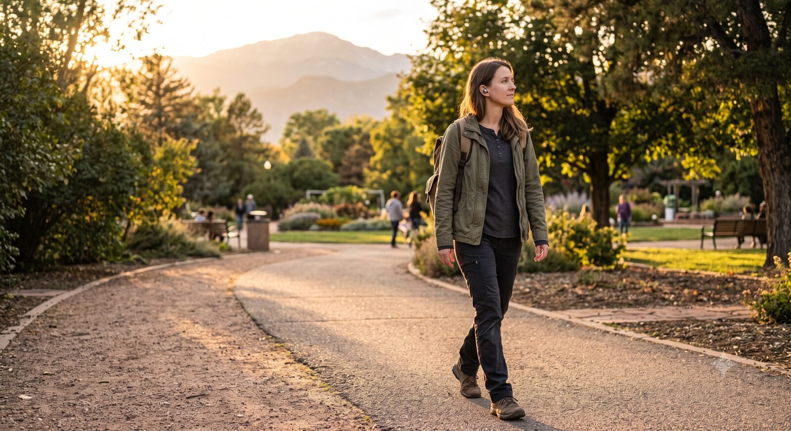 Person walking outdoors wearing wireless earbuds