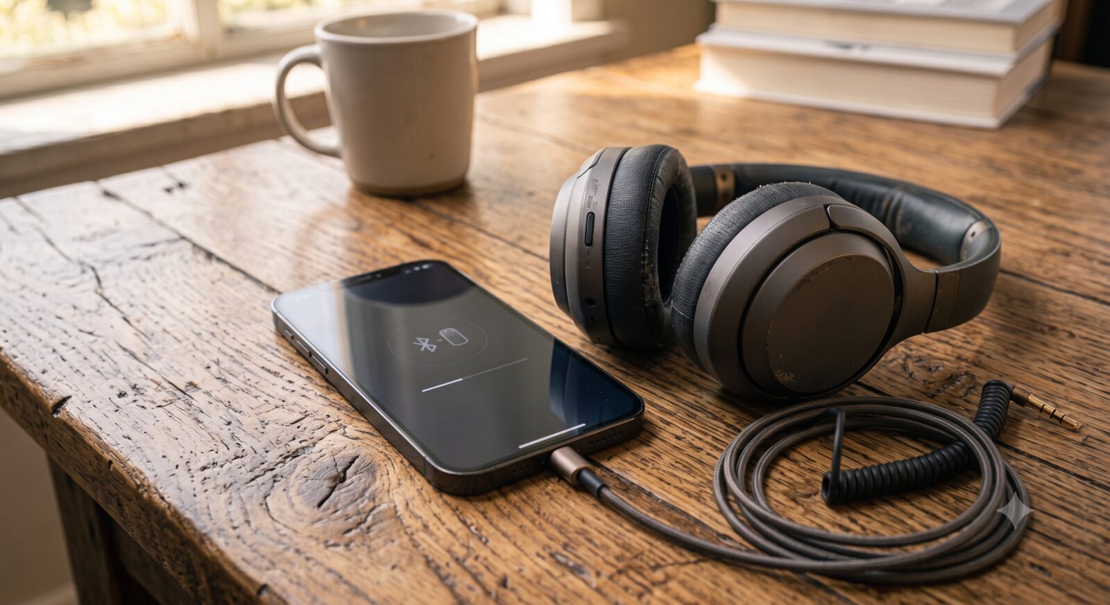 Smartphone next to over-ear headphones ready to pair
