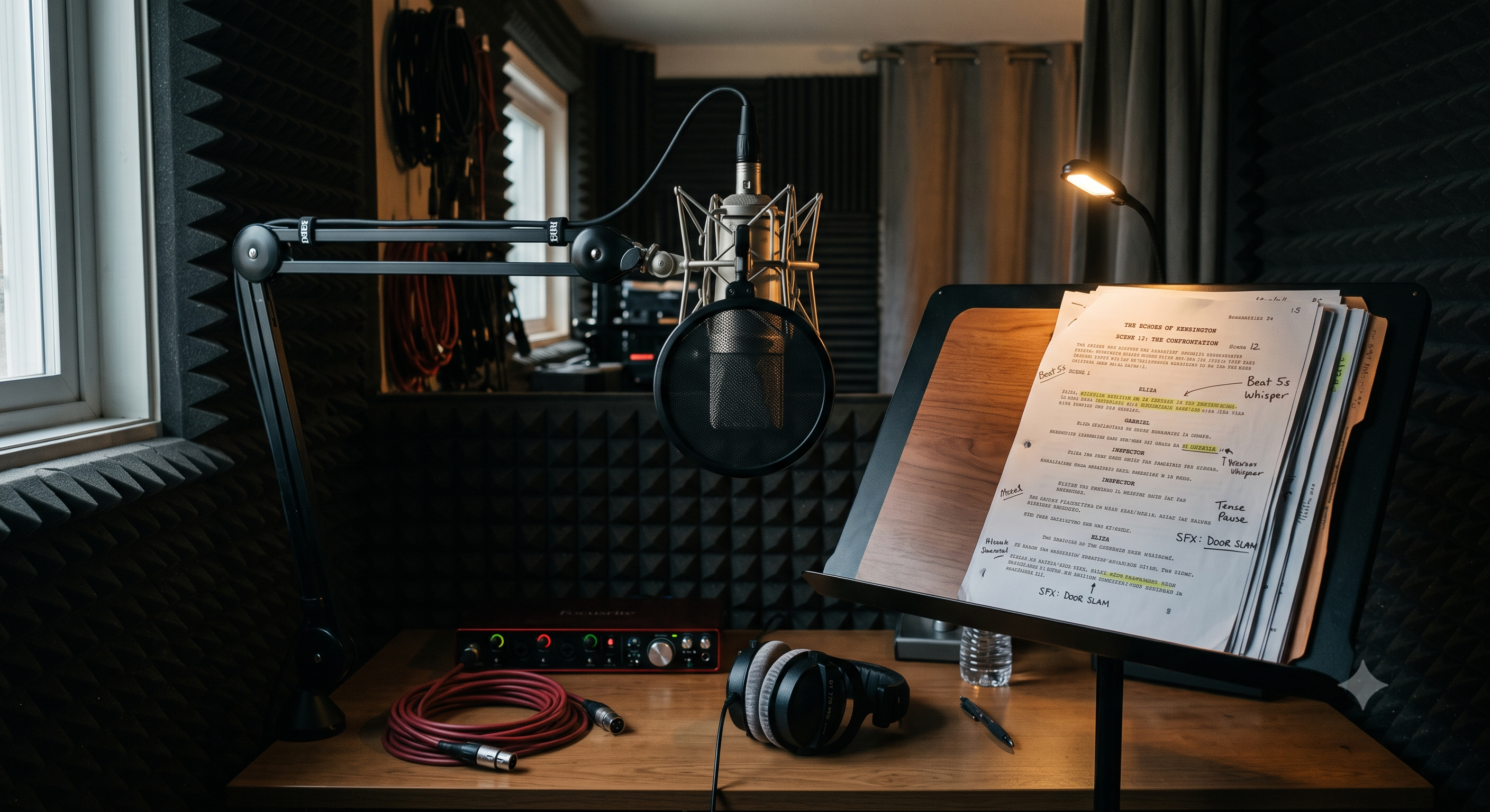 Microphone and script stand in a foam-padded recording booth for audio drama production