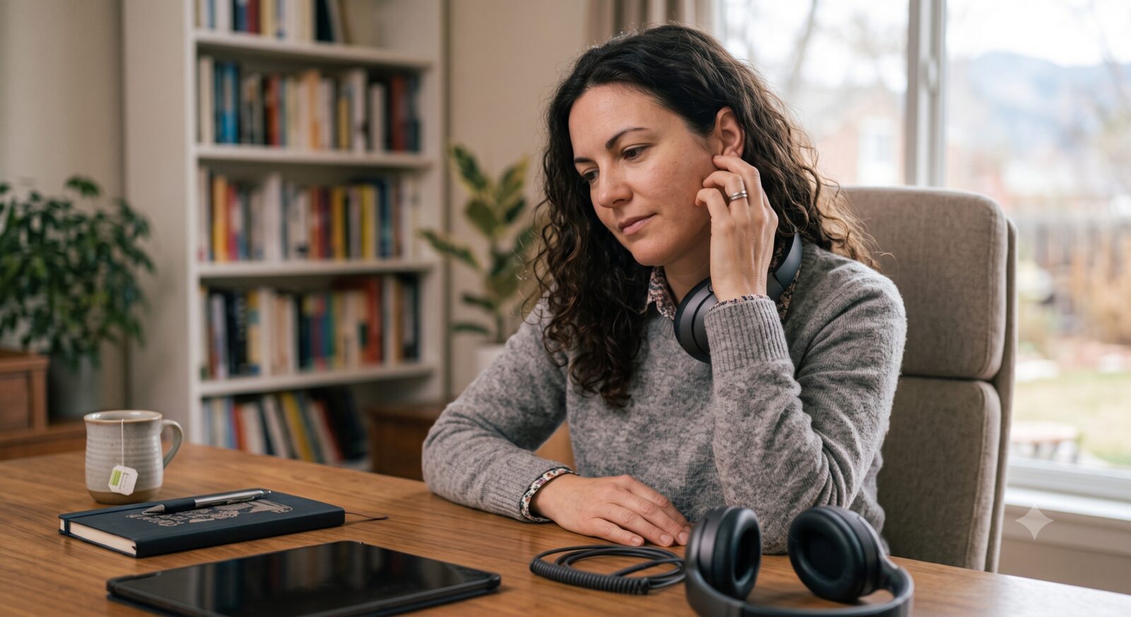 Person taking a break from headphones and rubbing their ear