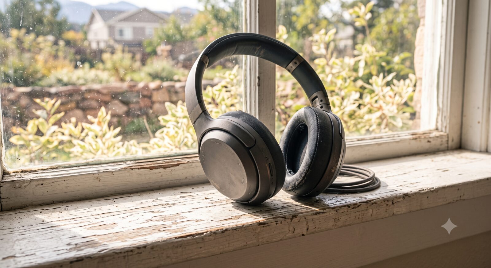 Well-worn over-ear headphones on a windowsill showing years of use