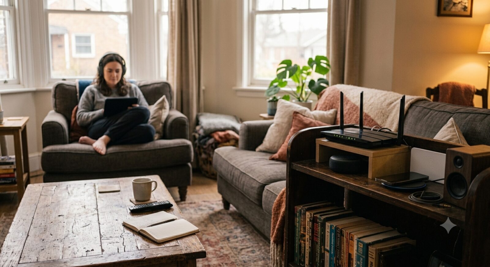 Home living room with a wifi router and wireless devices