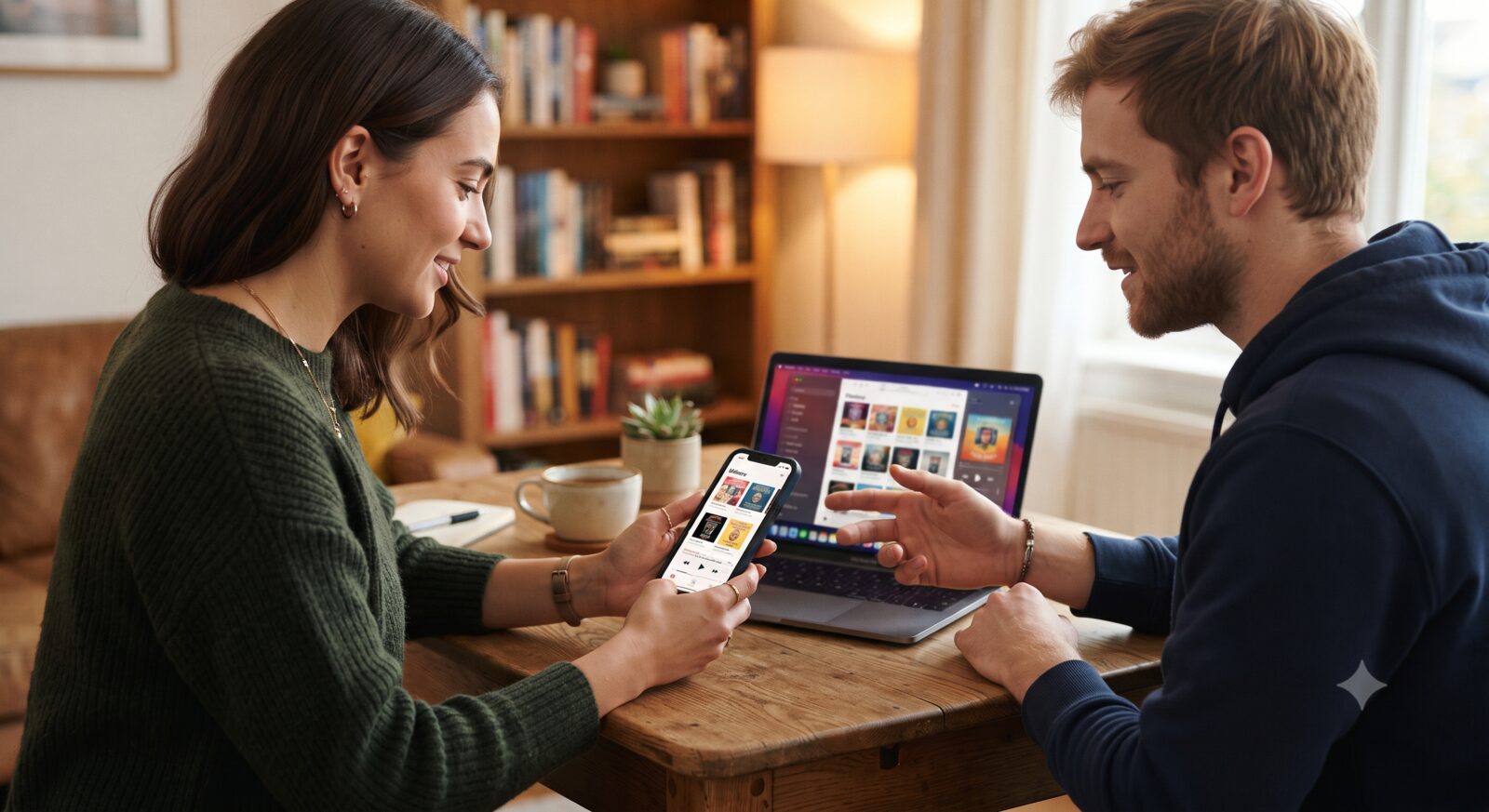 Two people comparing audiobook apps side by side on a smartphone and a laptop